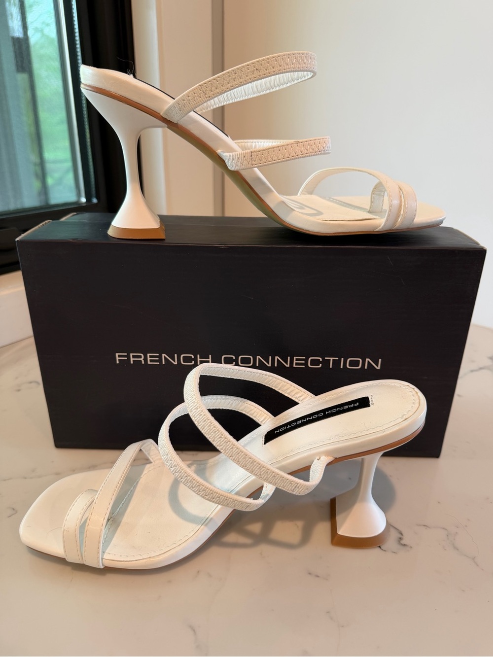 French Connection White Strappy Flared-Heel Sandals
